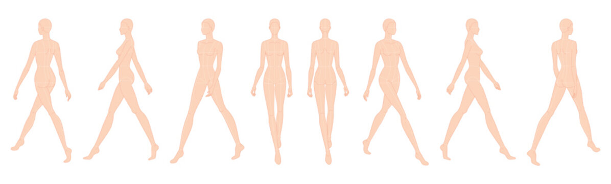 Set of Walking women nude Fashion template 9 nine head size female with main lines for clothes technical drawing. Lady figure front, side, 3-4, back view. Vector outline girl for fashion illustration