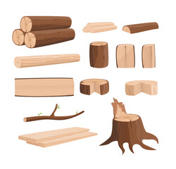 Cartoon Color Wooden Logs and Round Slices with Stump Icons Set Flat Design Style. Vector illustration of Icon