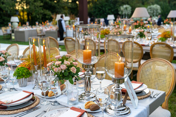 Beautiful decoration of a wedding banquet with a meal in the green garden in white colors. Very stylish setting with tropical flowers in a vase, glass candlestick set, napkins, plates, glasses cutlery