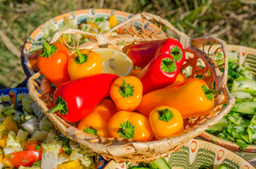 Bright sweet bell pepper in a beautiful wicker basket against the background of grass