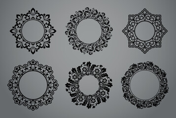 Set of decorative frames Elegant vector element for design in Eastern style, place for text. Floral black and gray borders. Lace illustration for invitations and greeting cards