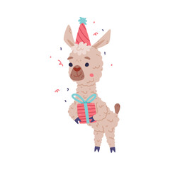 Cute baby llama in party hat holding gift box. Alpaca character domesticated animal. Childish print for sticker, card, textile, nursery decor vector illustration © topvectors