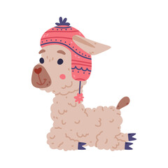 Cute baby llama wearing knitted hat. Alpaca character domesticated animal. Childish print for sticker, card, textile, nursery decor vector illustration