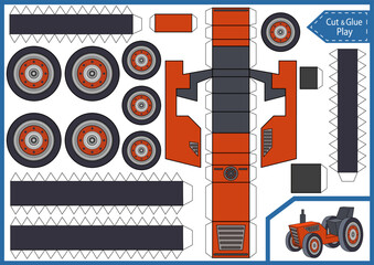 Kids craft template. Cut and glue paper tractor. Make 3d model of toys. Vector children activity page and worksheet for children.