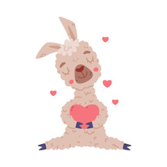 Cute baby llama holding red heart. Alpaca character domesticated animal. Childish print for sticker, card, textile, nursery decor vector illustration