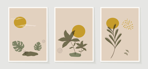 Set of abstract wall art vector background. Wall decor design with leaf branch, leaves, foliage, plant, tree. Abstract watercolor painting for wall decoration, interior, prints, cover, and postcard