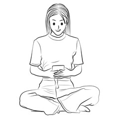 girl sitting and holding phone line art outline cartoon illustration