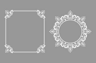 Set of decorative frames Elegant vector element for design in Eastern style, place for text. Floral gray and white borders. Lace illustration for invitations and greeting cards