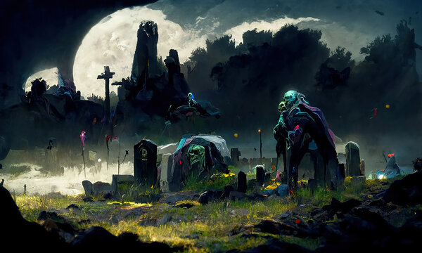 Abstract zombies rise from their graves in the ominous cemetery