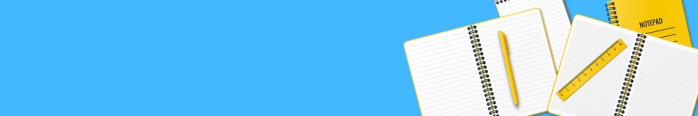 On the table are open and closed notebooks or notepad, a pen and a ruler arranged randomly. Illustration on a blue background. Place for your text. Flat lay. Copy space. Back to school concept.