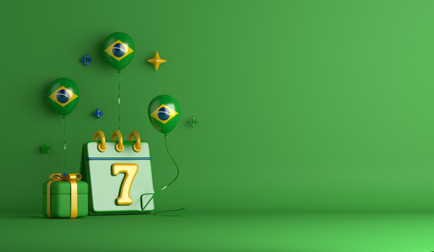 Brazil independence day decoration background with 7 calendar balloon, gift box, copy space text, 3D rendering illustration
