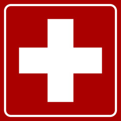 Red and White First Aid Kit Icon with Cross. Vector Image.