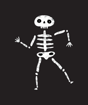 Dancing Skeleton Print. Cute Hand Drawn Halloween Vector Illustration with Cool White Human Skeleton on a Black Background. Funny Halloween Print ideal for Card, Poster.