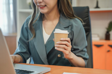 portrait businesswoman smile freelancer financial sit in cafe work to rest enjoy caffeine latte office hot drink