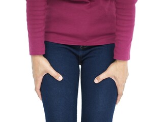 Thigh pain or muscle cramp in asian woman with on white background using for health care concept....
