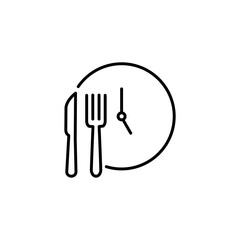 time eat lunch icon, hour healthy food, diet fast concept, break meal, clock with fork knife, thin line symbol on white background - editable stroke vector illustration eps 10