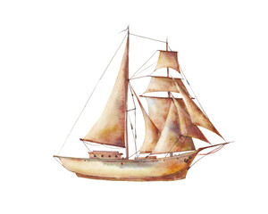 Watercolor sailing ship isolated on transparent background. Sailboat illustration.
