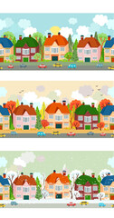 collection of seamless borders with cute houses surrounded trees