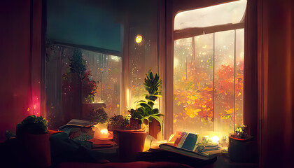 Calm lofi messy desk. Empty interior anime, manga style. Colorful study lo-fi desk. Cozy chill vibe. Autumn, fall with orange colored trees. Rainy days.