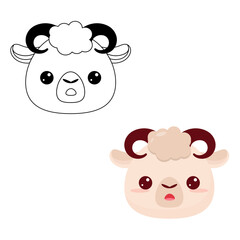 The head of a cartoon animal. Lamb's head. Contour drawing.  Cute cartoon sheep. Educational coloring book with animals for preschool and kindergarten children