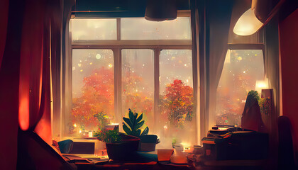 Calm lofi messy desk. Empty interior anime, manga style. Colorful study lo-fi desk. Cozy chill vibe. Autumn, fall with orange colored trees. Rainy days. - obrazy, fototapety, plakaty