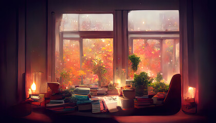 Calm lofi messy desk. Empty interior anime, manga style. Colorful study lo-fi desk. Cozy chill vibe. Autumn, fall with orange colored trees. Rainy days. - obrazy, fototapety, plakaty