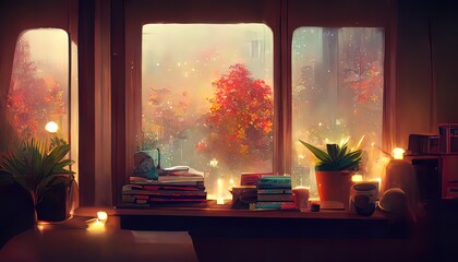 Calm lofi messy desk. Empty interior anime, manga style. Colorful study lo-fi desk. Cozy chill vibe. Autumn, fall with orange colored trees. Rainy days.