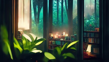 Lofi empty interior.  Messy desk, window view of a forest, jungle. Anime, manga style. Colorful study lo-fi desk. Cozy chill vibe. Hip-hop atmoshperic lighs. Stars 4k wallpaper.