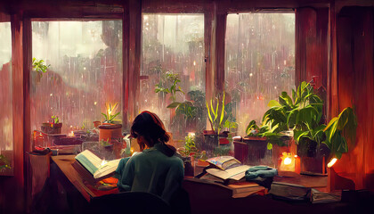 Naklejka premium Lofi Girl studying at her desk. Rain ourside, beautiful chill, atmospheric wallpaper. 4K background. lo-fi, hip-hop style. Anime manga style.