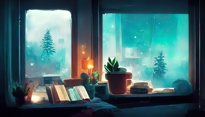Calm lofi desk, interior. A cold winter evening. A messy cozy place in the style of lo-fi, anime, manga. An empty study room with chill vibes. A relaxed colorful place. 4k wallpaer, background. - obrazy, fototapety, plakaty