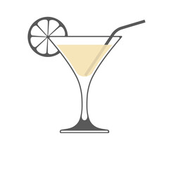 Icon of wine glass with slice of lemon and straw isolated on white background.