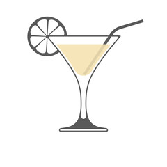 Vector icon of wine glass with slice of lemon and straw isolated on white background.