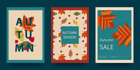 Autumn abstract poster in modern hipster style. Geometric shapes. Trendy modern art with autumn leaves.