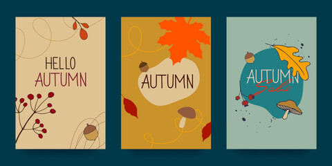 Autumn abstract poster in modern hipster style. Templates for the design of autumn banners, posters, advertising, postcards, sales. Trendy modern art with autumn leaves.