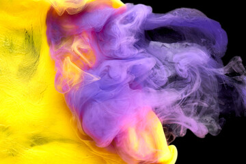 Multicolored yellow lilac smoke abstract background, acrylic paint underwater explosion