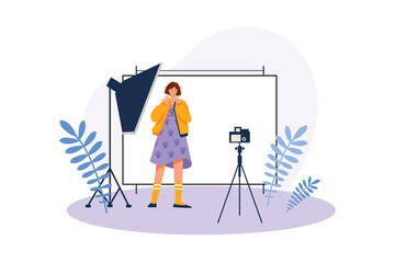 Concept Photo studio with people scene in the flat cartoon style. Model prepares for shooting under the camera's sights in the photo studio. Vector illustration.