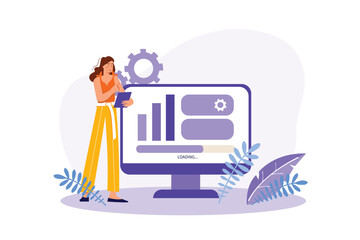 Optimize website concept with people scene in the flat cartoon style. Woman optimizes website, adjusts its structure and edits content. Vector illustration.