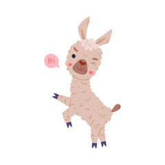 Obraz na płótnie Canvas Cute fluffy baby llama saying Hi. Funny alpaca character domesticated animal cartoon vector illustration