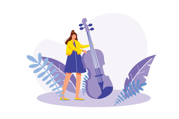 Creative workers concept with people scene in the flat cartoon design. Musician creates a new melody and tries to play it on the violin. Vector illustration.