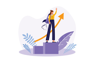 Concept Creative startup with people scene in the flat cartoon design. Girl implemented her creative startup and is rapidly developing it. Vector illustration.