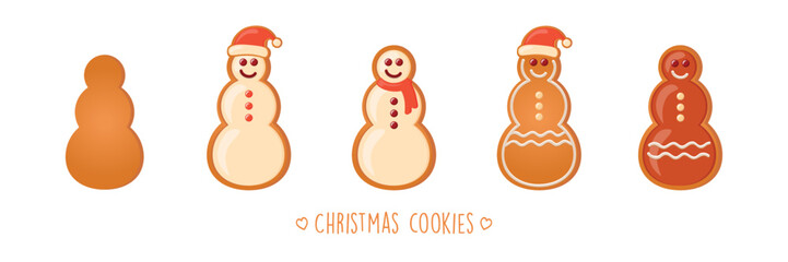 christmas cookies gingerbread set with different icing and sugar decoration snowman
