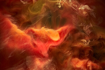 Naklejka na ściany i meble Liquid fluid art abstract background. Red, yellow dancing acrylic paints underwater, space smoke ocean, color explosion