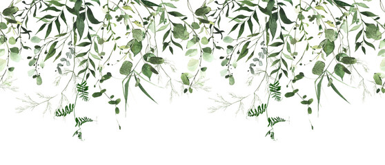 Watercolor painted greenery seamless frame on white background. Green wild plants, branches, leaves and twigs. - obrazy, fototapety, plakaty