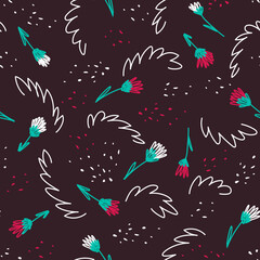 Seamless pattern with floral motifs in doodle style on a dark background. Dynamic composition of floral and plant motifs. Autumn and summer seasons. Flat vector illustration.