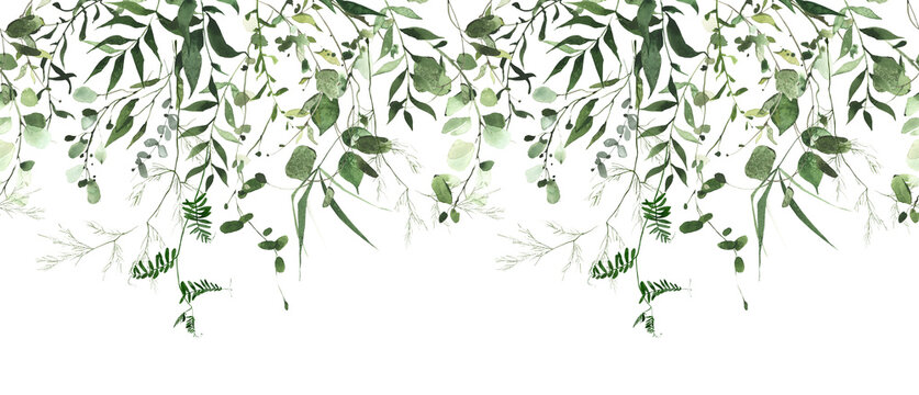 Watercolor painted greenery seamless frame on white background. Green wild plants, branches, leaves and twigs.