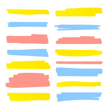 Highlight brush underline yellow red blue marker vector pen. Stroke highligher color set.