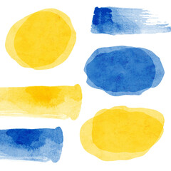 set of blue yellow watercolor background stains, banners and design elements isolated