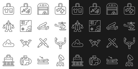 Set line Radar, Aircraft steering helm, Helicopter, hangar, World travel map, Jet fighter, Suitcase and Passenger ladder icon. Vector