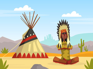 Native American Indian in Traditional Ethnic Clothes with Feathers in Their Head Sitting Near Tipi Vector Illustration