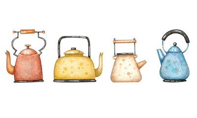 Set with multicolored teapots on a white background. Watercolor illustration. Collection. Tableware. Kitchen. Tea time. Handmade work. Art. Design. Postcard. Menu. Cafe. Cute.